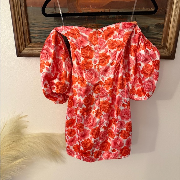 Oh Polly Pink and Orange Floral Puff Sleeve Mini Dress - Picture 4 of 5